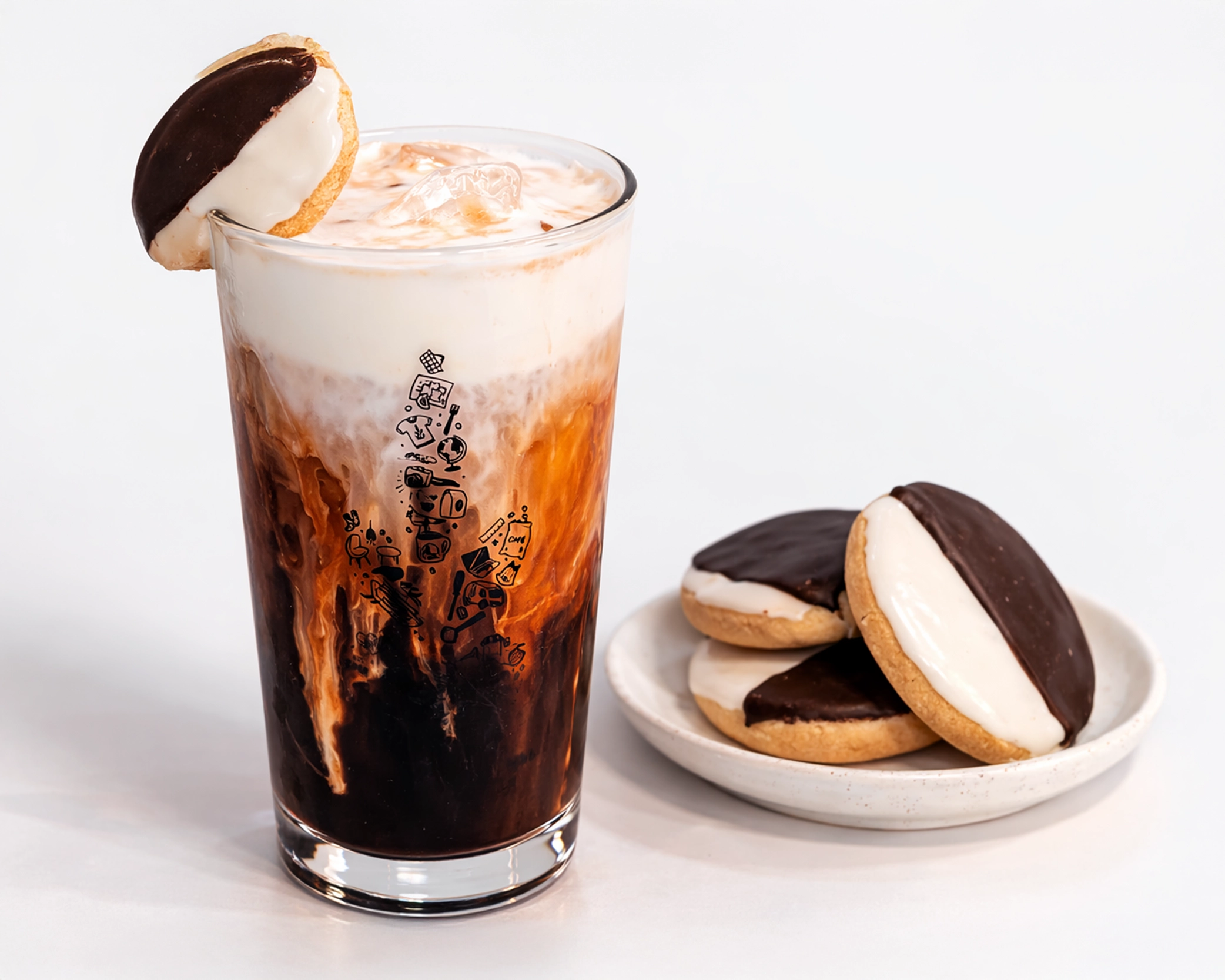 Iced coffee with cream served over ice in a tall glass, garnished with a black and white cookie.